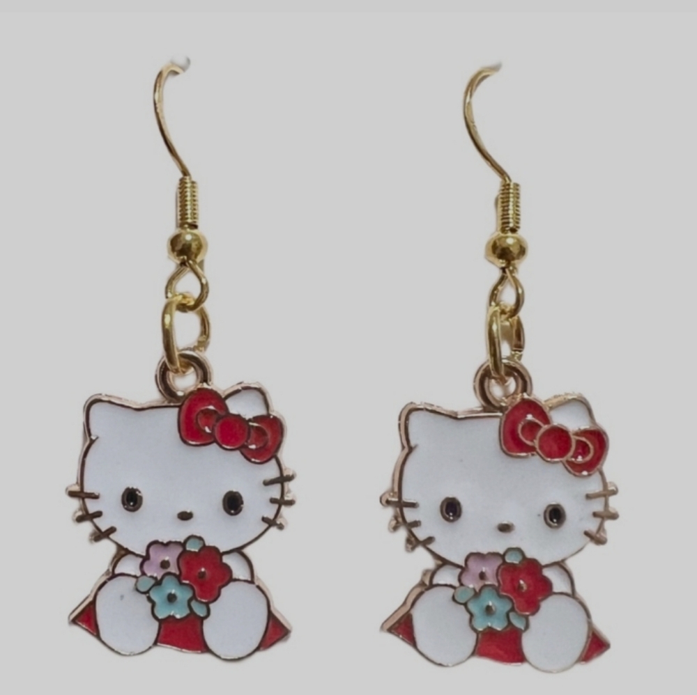 Hello Kitty Earrings White Pink with Floral Bouquet Stainless Earwires NEW NWT